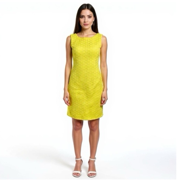 TALBOTS 100% Cotton Lemon Yellow Dress Preppy Lady Sheath Eyelet Knee Hem Sz 10 - Picture 11 of 13